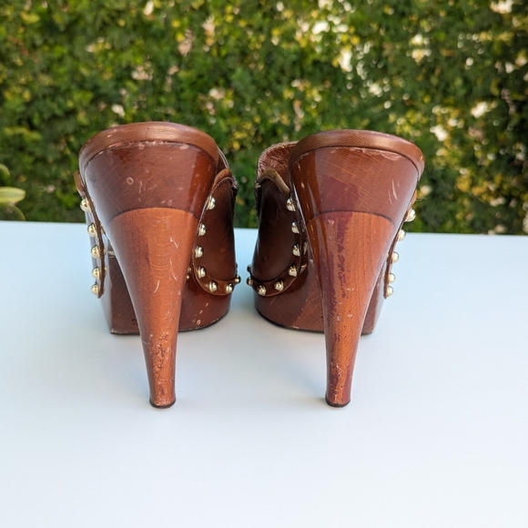 Gucci Brown Leather Mules with Metallic Gold Studs - Picture 5 of 13